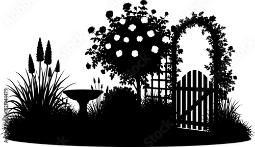 Classic garden gate and rose arbor silhouette