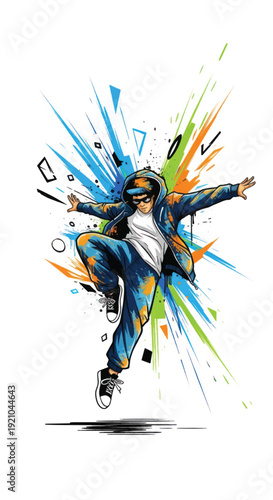 Dynamic ice skater in colorful splash of paint and light in motion.