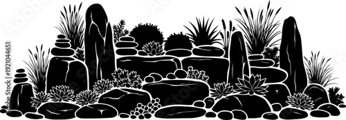 Decorative rock garden silhouette with succulents and ornamental grasses