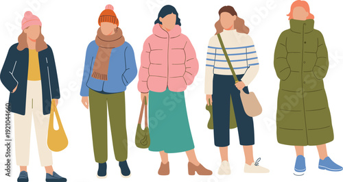 PrintSilhouette people in winter clothing, casual fashion illustration, seasonal outfit concept, lifestyle representation, identity design, group art