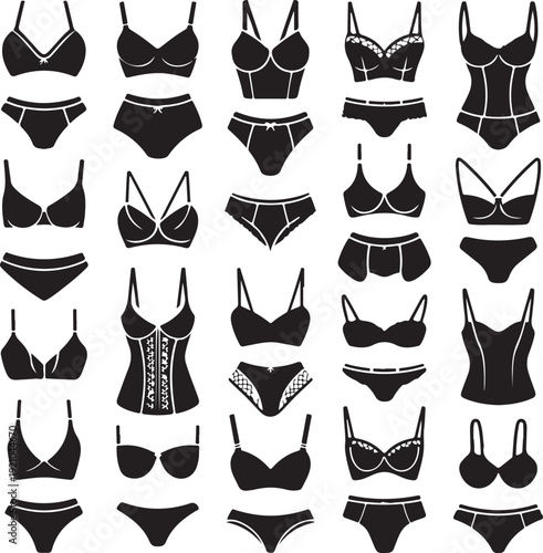 Bra design and panties styles vector flat silhouette icons set. Female underwear pictogram collection. Lingerie fashion infographic elements. Woman wardrobe garments. Various clothes isolated symbols