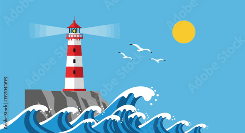 Red and White Lighthouse on Rocky Coast.