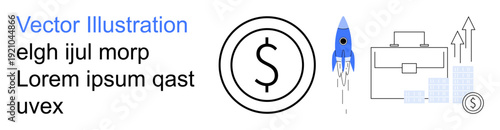 Business growth, financial planning, investment strategy, economic success, startup launch, profitability. Dollar sign, briefcase rocket upward arrows. Business growth and financial planning