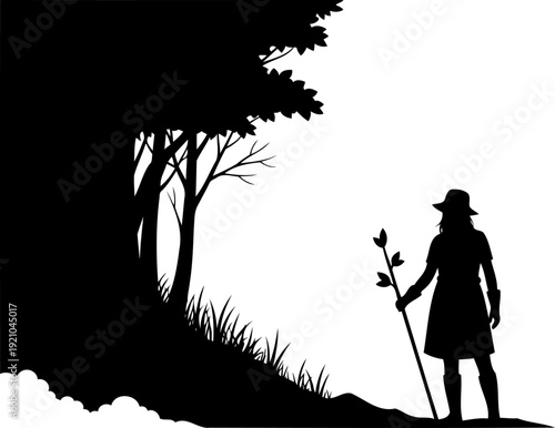 Female explorer standing at the edge of a forest silhouette