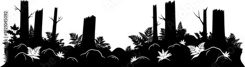Forest floor silhouette with tree stumps and ferns