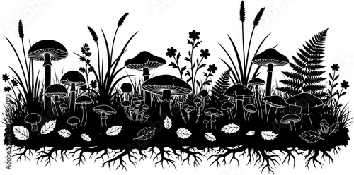 Forest floor silhouette with mushrooms ferns and plant roots
