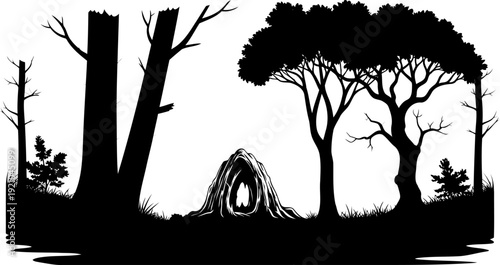 Forest scene with a hollow tree stump silhouette