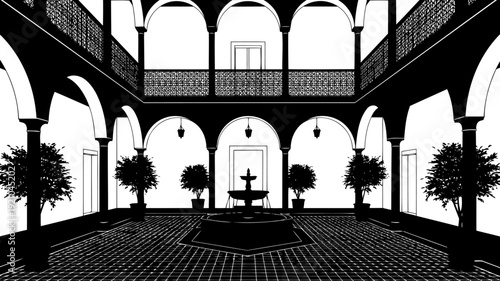 Grand palace courtyard silhouette with fountain and double-story arches