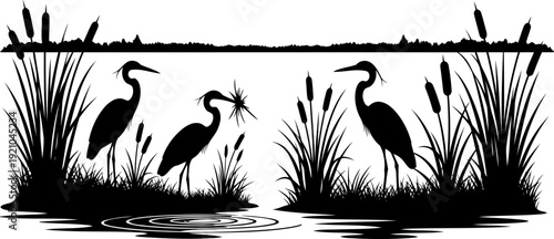 Herons standing in a marshland among tall cattails