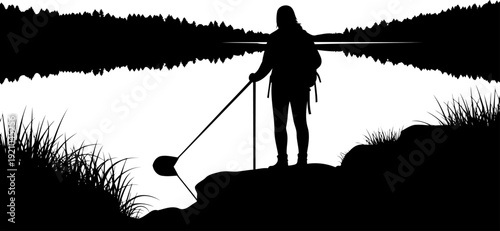 Hiker silhouette standing by reflective mountain lake