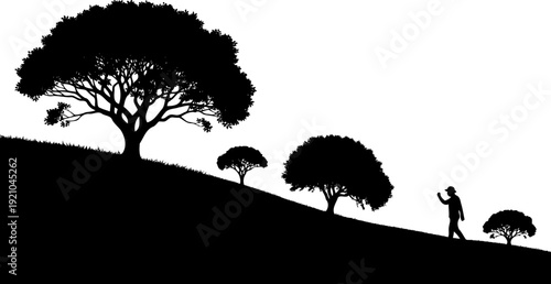 Hiker walking up a grassy hill with scattered trees silhouette