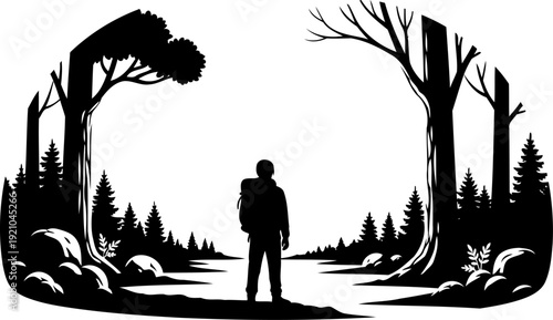 Hiker standing in forest clearing framed by trees