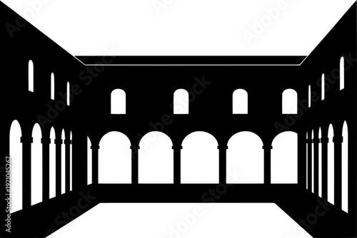 Historic cloister courtyard with arched colonnades silhouette