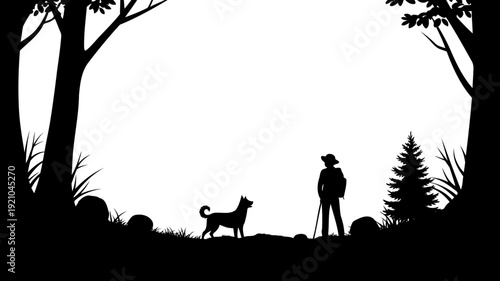 Hiker with dog standing in forest clearing silhouette