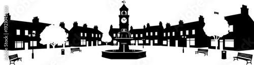 Historic town square silhouette with a fountain and clock tower