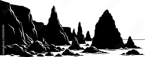 Jagged rocky cliffs and sea stacks silhouette against a bright sky