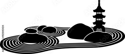 Japanese zen garden silhouette with pagoda and raked sand