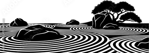 Japanese zen garden silhouette with raked sand ripples and stones