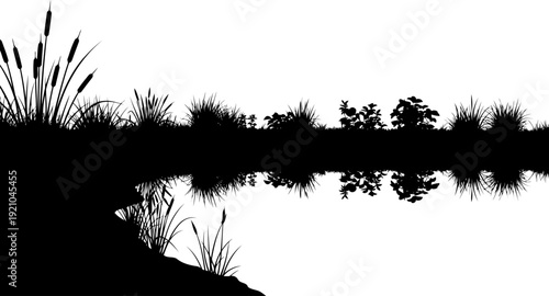 Lakeside vegetation silhouette reflecting on calm water