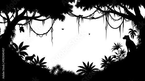 Jungle frame silhouette with rainforest animals and vines