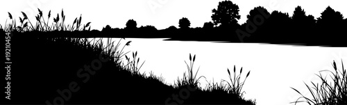 Lakeside horizon silhouette with reeds and distant trees