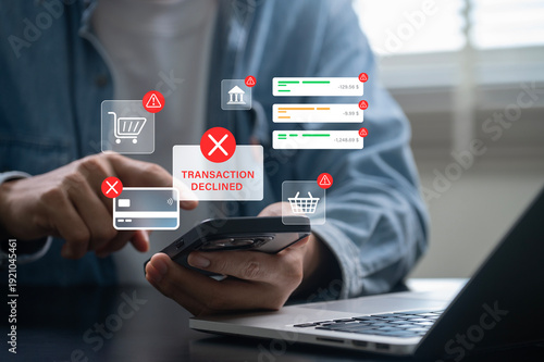 Photos Online payment transaction declined alert on smartphone, digital banking fraud d