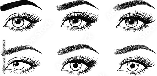 Six detailed black-and-white human eye illustrations with distinct eyebrow shapes, eyelash styles, iris details, and varied anatomical aesthetic variations
