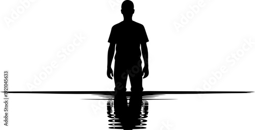 Male silhouette standing in calm water with ripple reflections