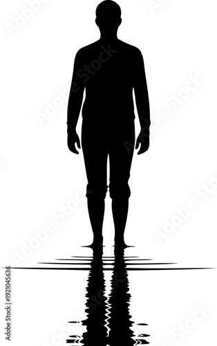 Male figure silhouette standing in calm water with reflection