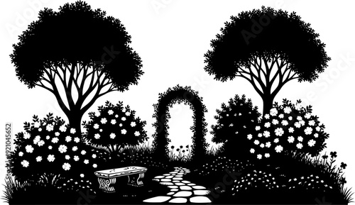 Manicured garden scene silhouette with stone bench and arch
