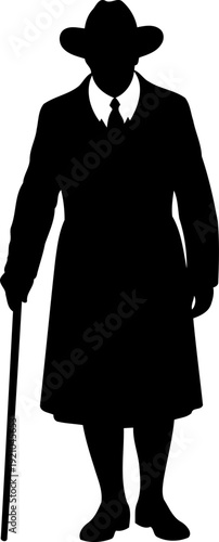 Man wearing a trench coat and hat holding a walking cane silhouette