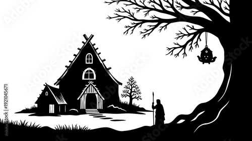 Medieval fantasy hut silhouette under a large gnarled tree