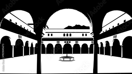 Mediterranean courtyard silhouette with arched walkways and a central fountain