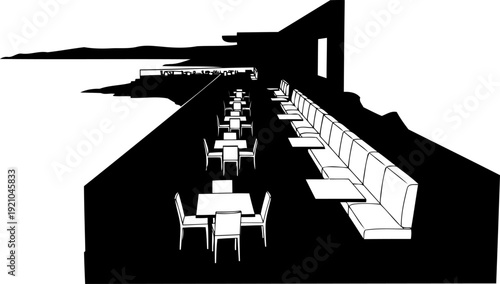 Outdoor cafe terrace silhouette overlooking a scenic sea and mountain horizon