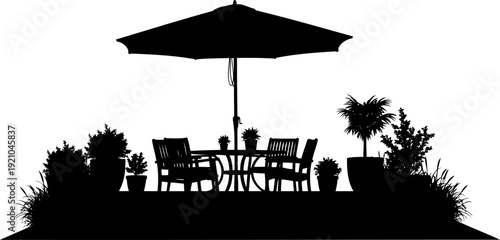 Outdoor patio arrangement includes a table chairs and umbrella
