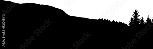 Mountain ridge silhouette sloping down toward a pine forest edge