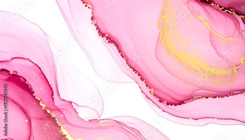 Abstract pink ink and gold streaks flow on a white background creating a flowing and soft, dreamy texture