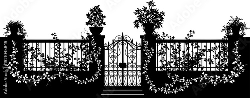 Ornate wrought iron gate and fence silhouette with climbing vines and potted plants