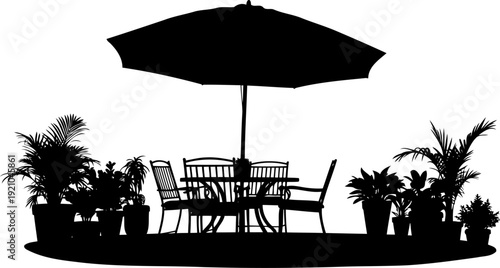 Outdoor patio furniture silhouette with umbrella and plants
