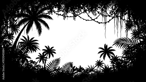 Palm trees and vines framing a tropical scene
