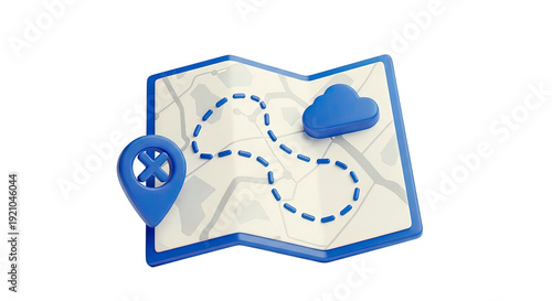 3D Map with GPS Pin and Cloud Icon