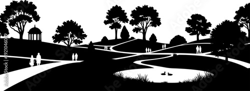 Public park landscape silhouette featuring people walking near pond and gazebo