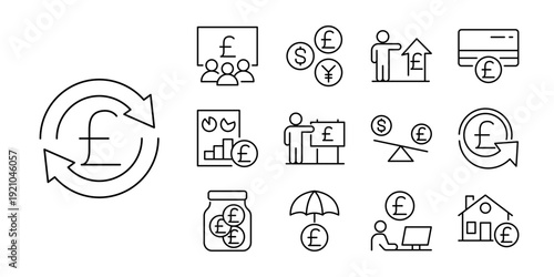 Vector line icons for finance, business, and economy, depicting money management, investments, savings, and financial growth, featuring British Pound symbols