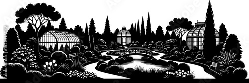 Public botanical garden silhouette with glass greenhouses and bridge