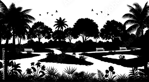 Public park landscape silhouette with walking paths and benches