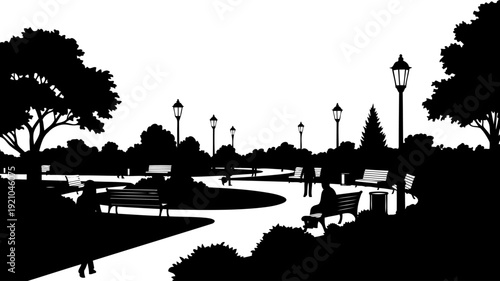 Public park walkway silhouette with benches and street lamps