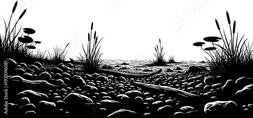 River bank silhouette featuring stones and aquatic reeds by the water