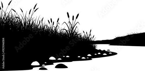 Riverbank landscape silhouette with reeds and cattails