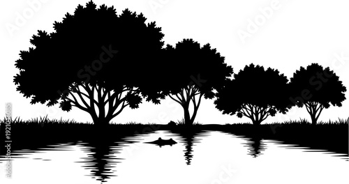 River landscape silhouette with crocodile in water
