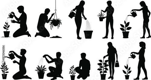 Silhouette people watering plants, gardening activity, nurturing flowers, caring greenery, potted plants, outdoor lifestyle, eco friendly illustration